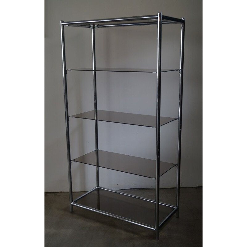 French vintage bookcase in chromed steel and smoked glass 1970