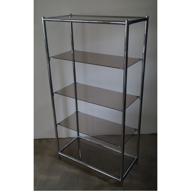 French vintage bookcase in chromed steel and smoked glass 1970