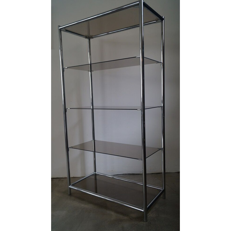French vintage bookcase in chromed steel and smoked glass 1970