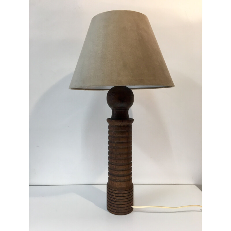 Vintage lamp in solid oak and beige velvet 1970