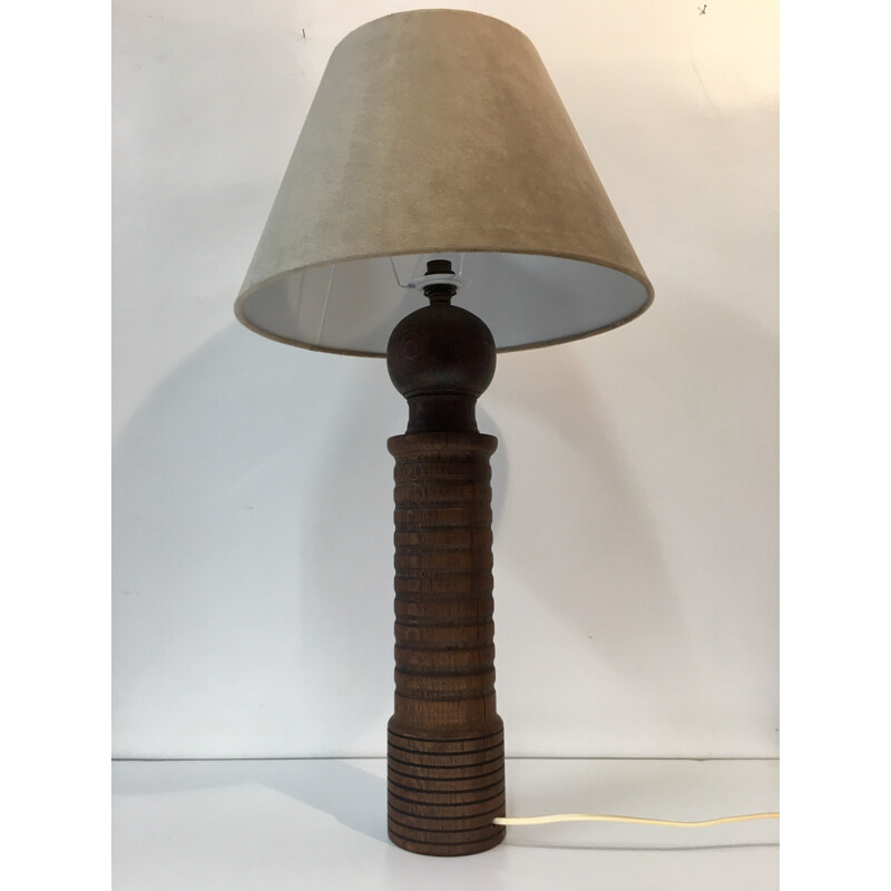 Vintage lamp in solid oak and beige velvet 1970