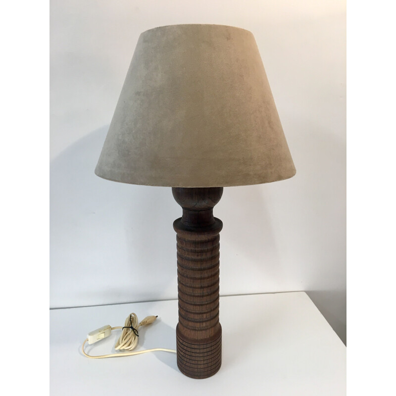 Lampe vintage en chêne massif et velours beige 1970