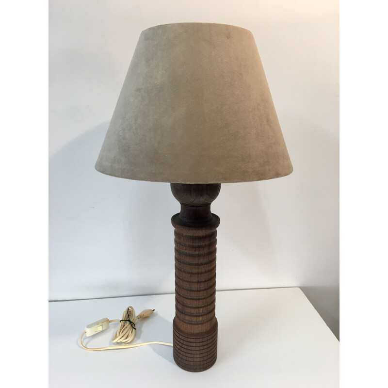 Lampe vintage en chêne massif et velours beige 1970