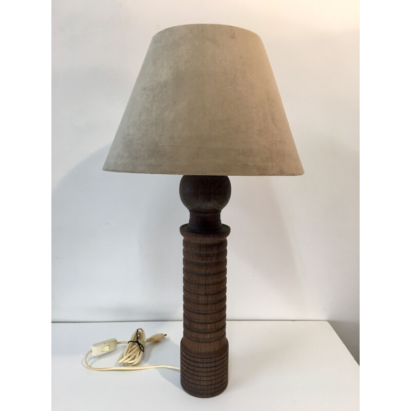 Vintage lamp in solid oak and beige velvet 1970