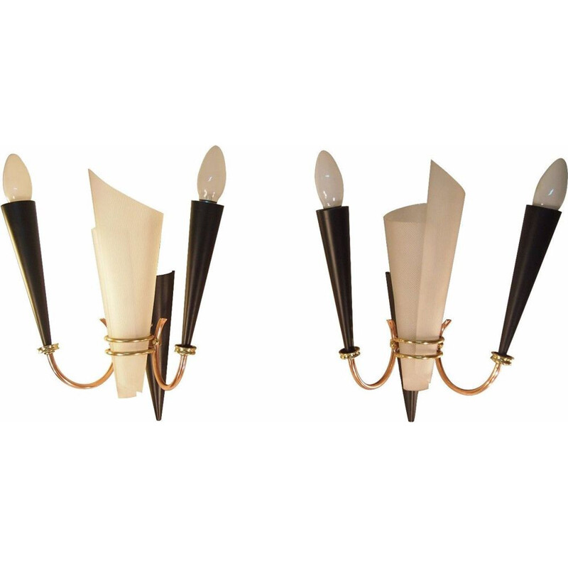 Pair of vintage sconces in metal, perspex brass from Lunel