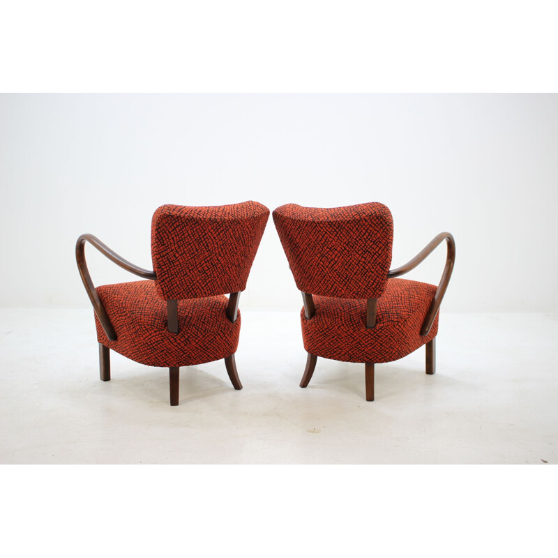 Set of 2 vintage H-237 armchairs in red fabric and wood 1950