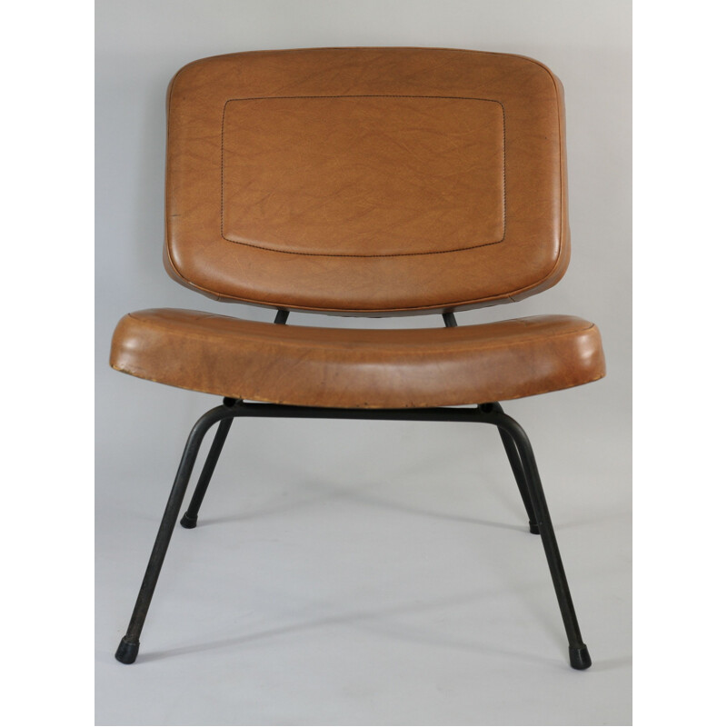 Fauteuil vintage CM 190 de Paulin pour Thonet en similicuir marron 1960