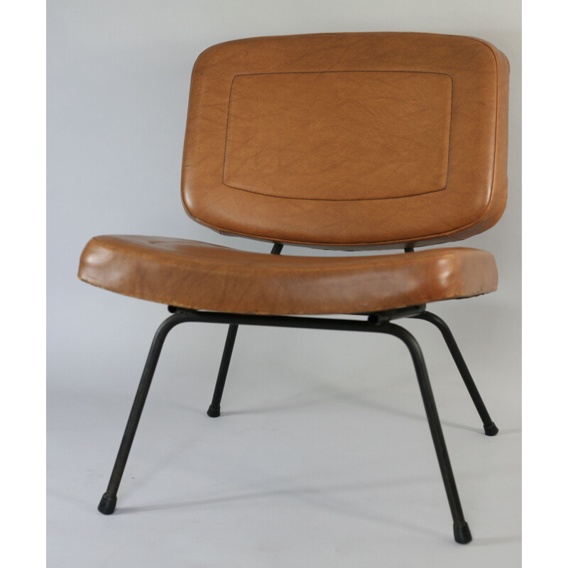 Fauteuil vintage CM 190 de Paulin pour Thonet en similicuir marron 1960