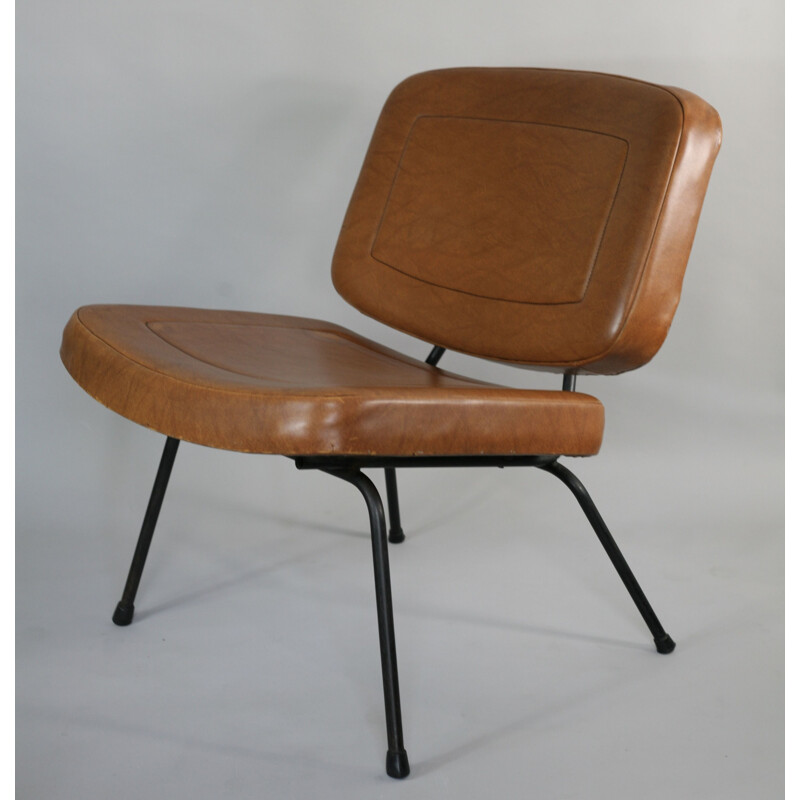 Vintage CM 190 armchair by Paulin for Thonet in brown leatherette 1960