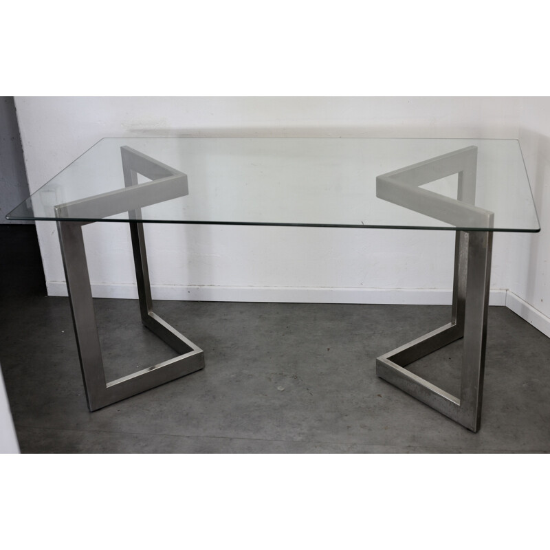 French vintage table in steel and glass 1970