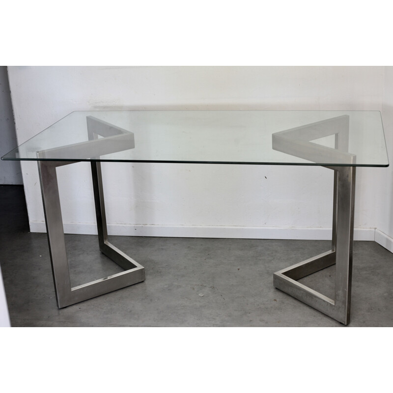 French vintage table in steel and glass 1970