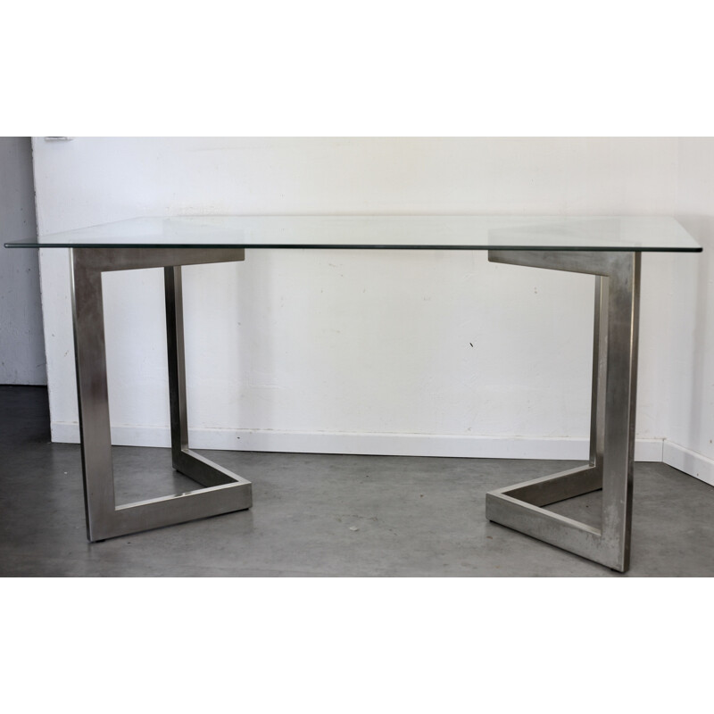 French vintage table in steel and glass 1970