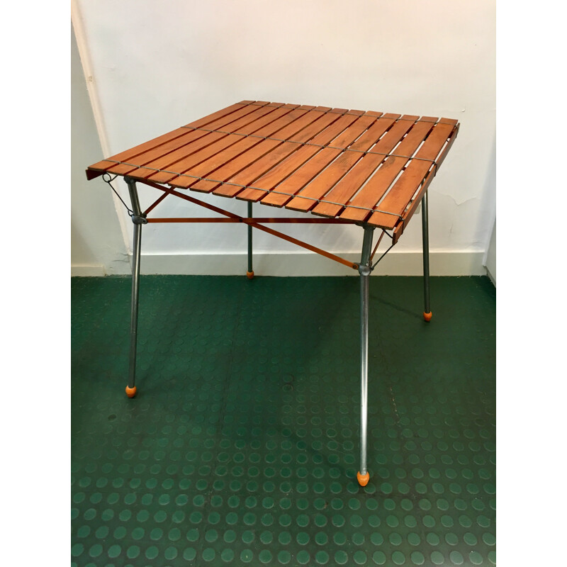 Table vintage française en bois et aluminium 1950
