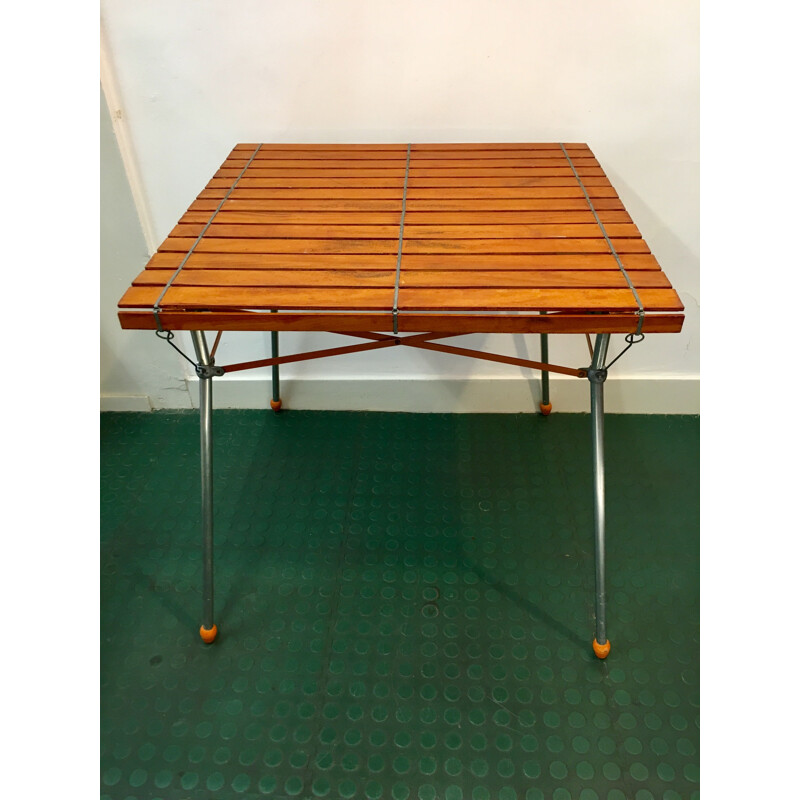 French vintage table in wood and aluminium 1950