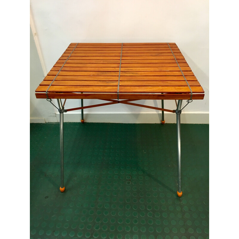 Table vintage française en bois et aluminium 1950