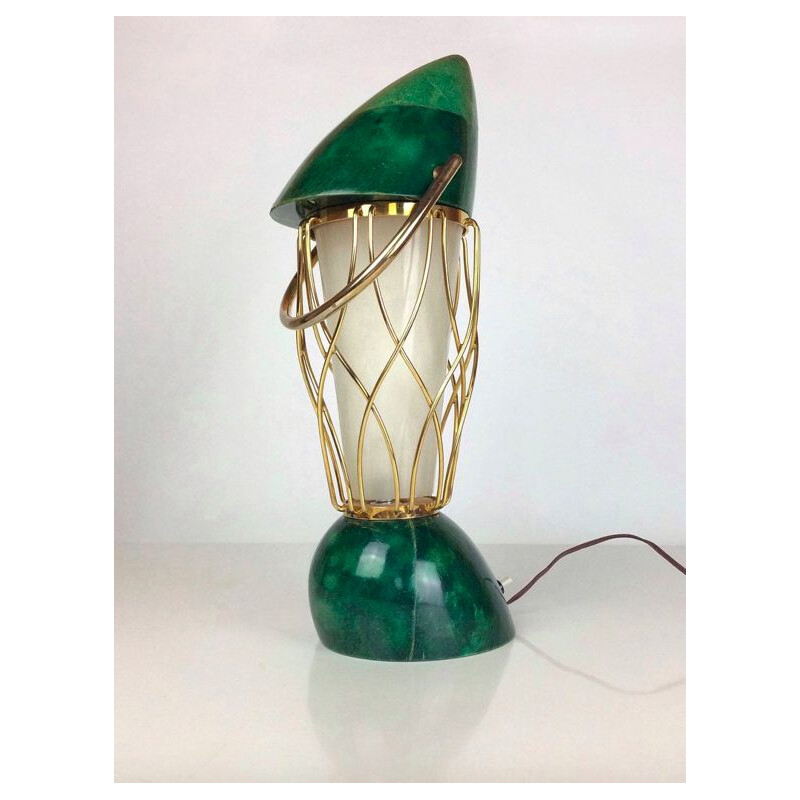 Groene vintage lamp in hout en messing van Aldo Tura, 1960