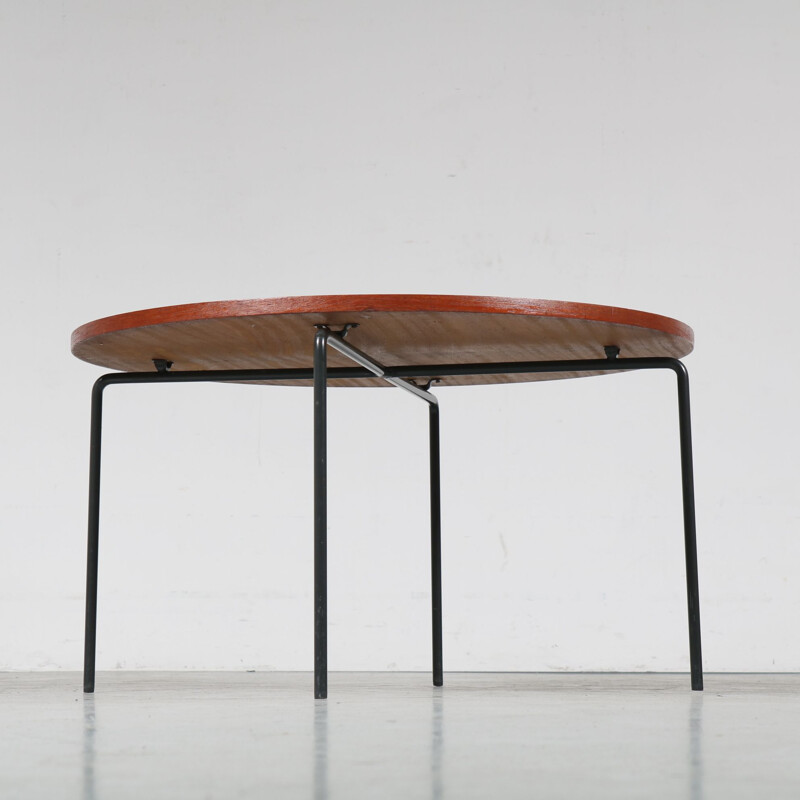 Vintage dutch coffee table in teakwood and grey metal 1950