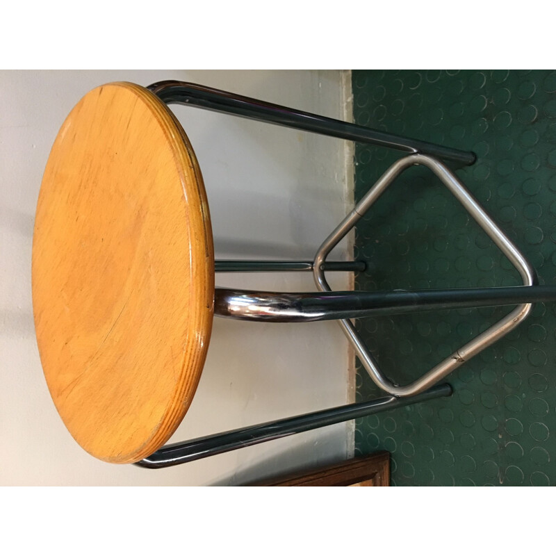 Industrial high stool in wood and chromed steel