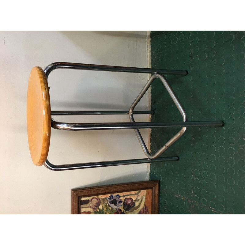 Industrial high stool in wood and chromed steel