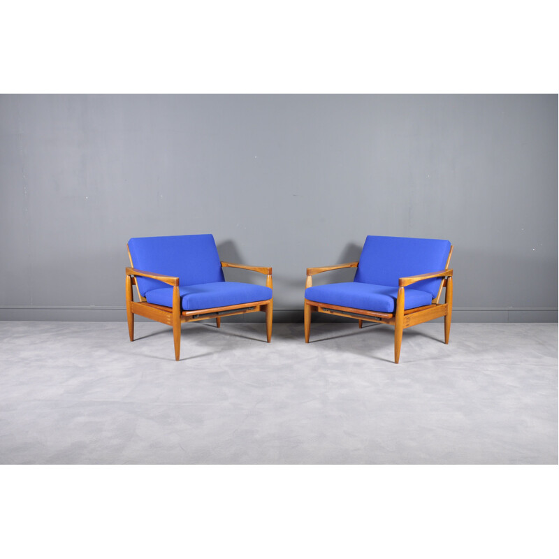 Pair of blue armchairs in teak by Miroslav Navratil