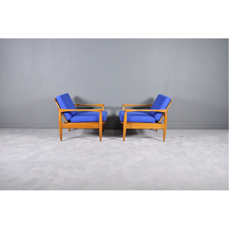 Pair of blue armchairs in teak by Miroslav Navratil