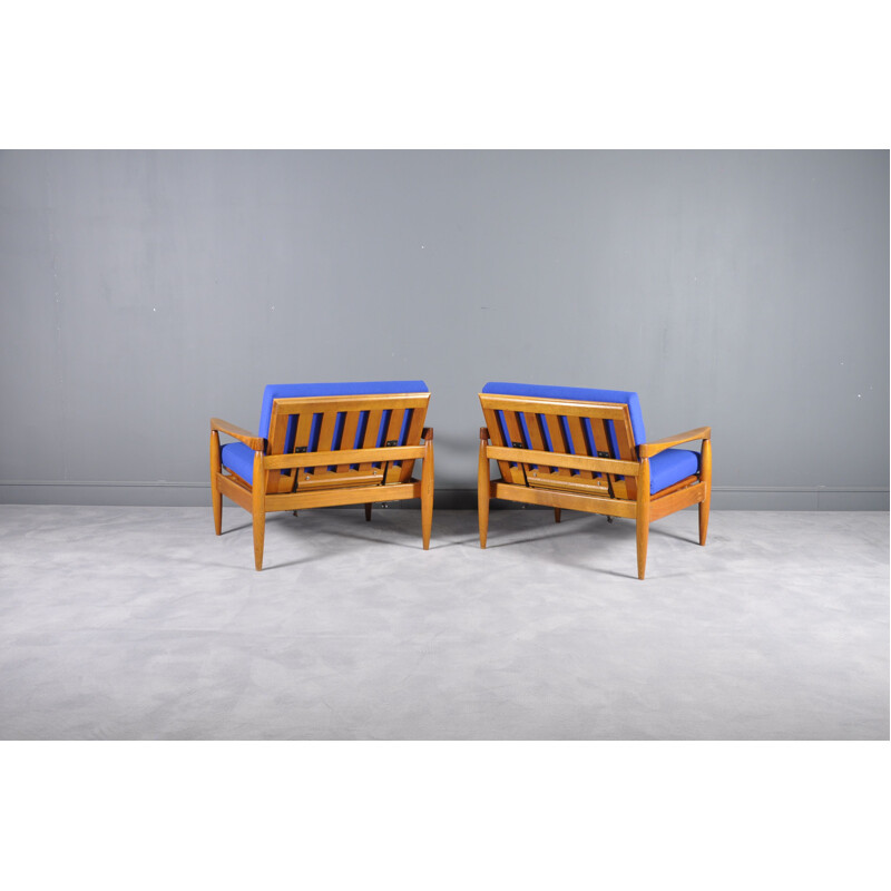 Pair of blue armchairs in teak by Miroslav Navratil