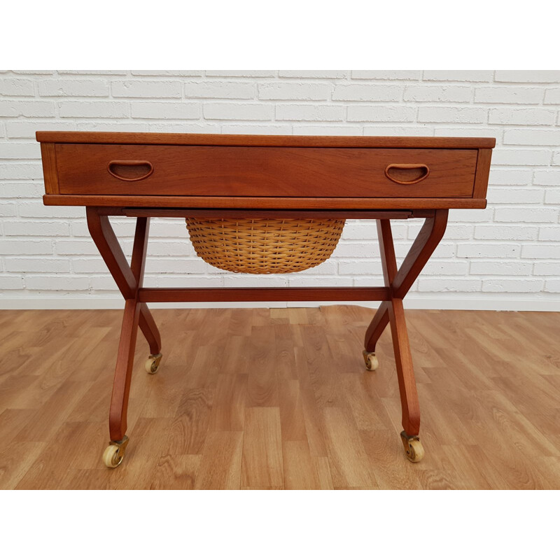 Vintage teak en rotan naaitafel, Denemarken 1960