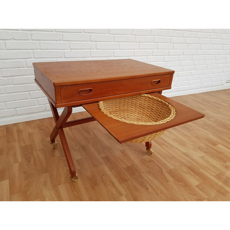 Vintage teak and rattan sewing table, Denmark 1960