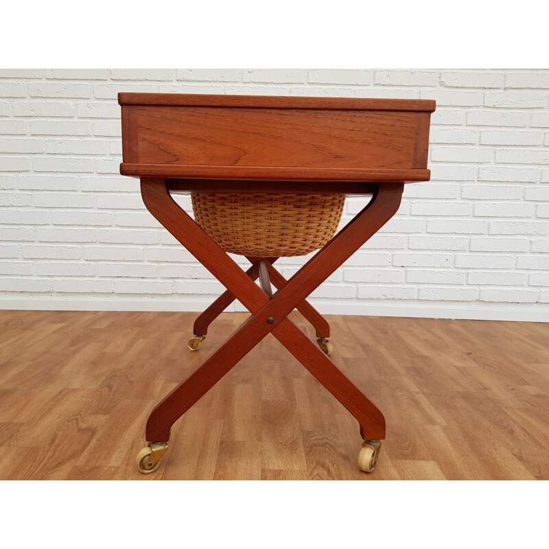 Vintage teak and rattan sewing table, Denmark 1960