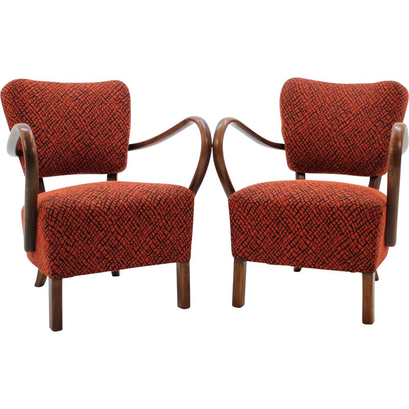 Set of 2 vintage H-237 armchairs in red fabric and wood 1950