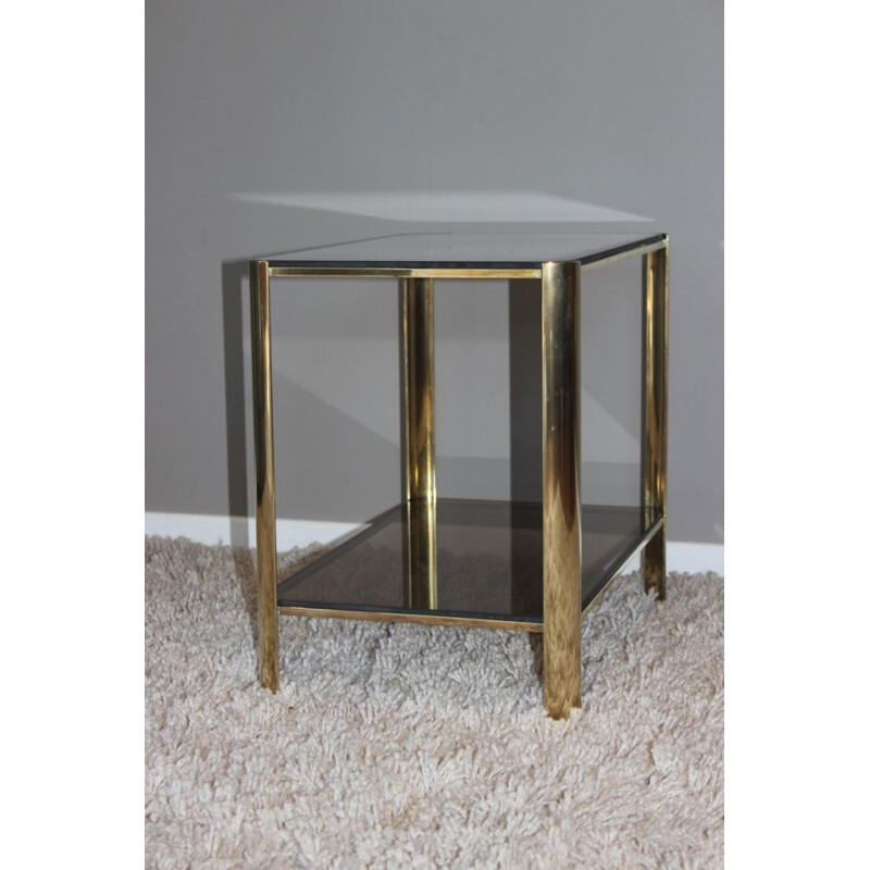 Vintage side table bronze and tinted glass by Jacques Quinet for Broncz, 1960s