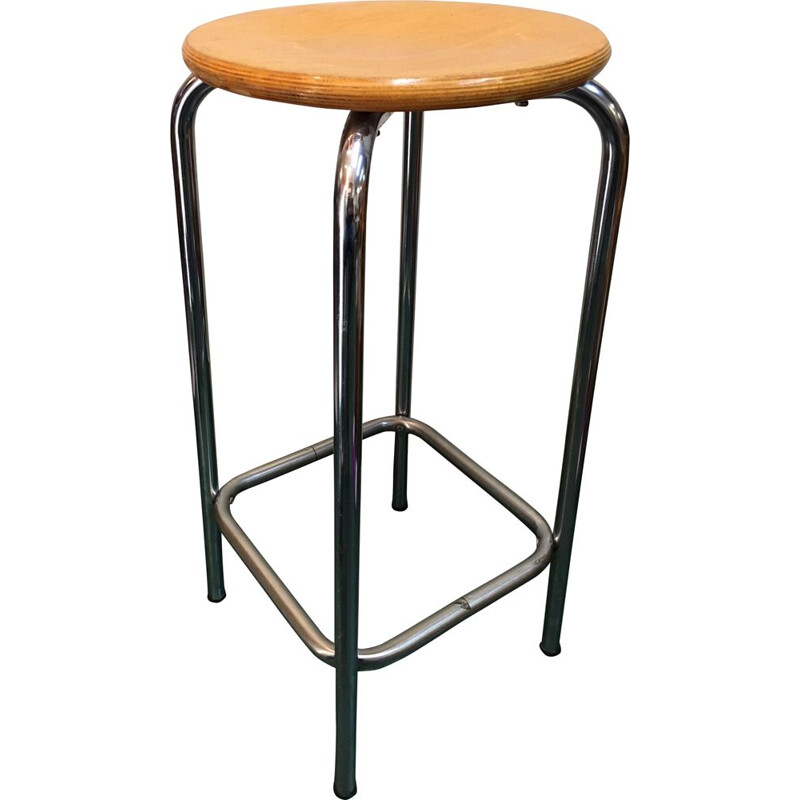 Tabouret haut industriel en bois et acier chromé