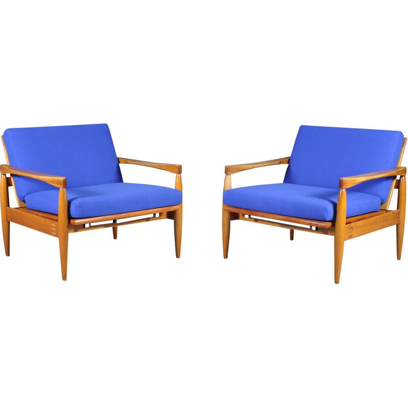 Pair of blue armchairs in teak by Miroslav Navratil