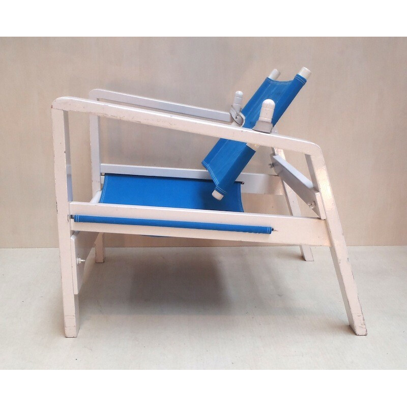 Suite de 3 fauteuils de terrasse en bois, toile de bâche et cuir, PRESTON & LESAGE - 1960
