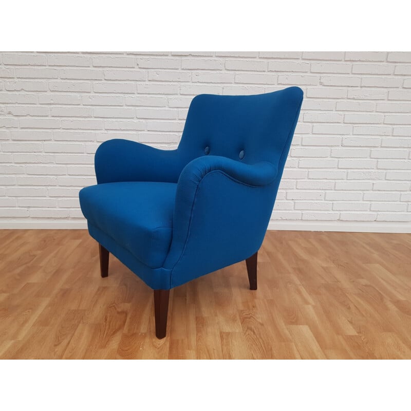 Blue wool and beechwood vintage armchair, Denmark 1970