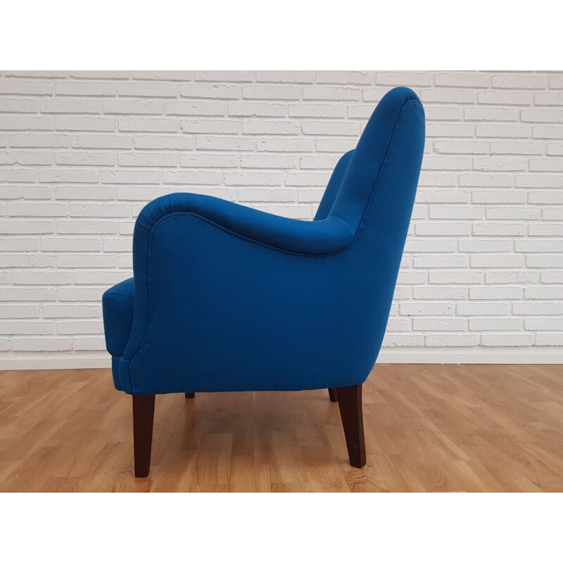 Blue wool and beechwood vintage armchair, Denmark 1970