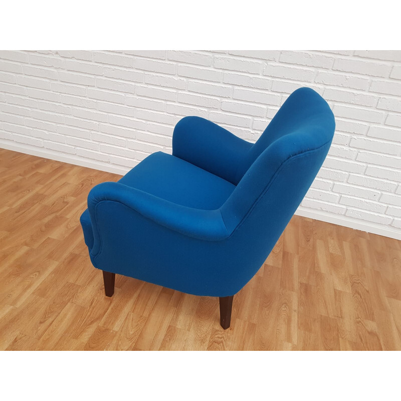 Fauteuil vintage en hêtre et laine bleu, Danemark 1970