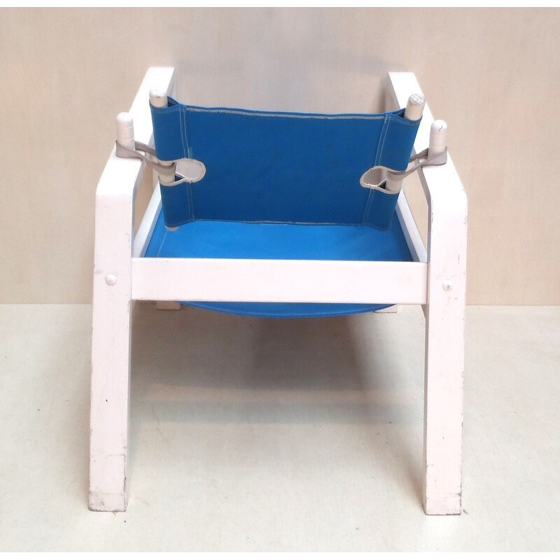 Suite de 3 fauteuils de terrasse en bois, toile de bâche et cuir, PRESTON & LESAGE - 1960