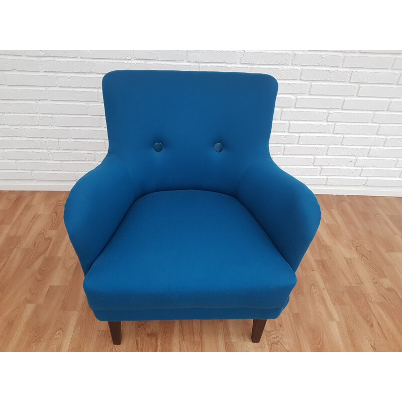 Fauteuil vintage en hêtre et laine bleu, Danemark 1970