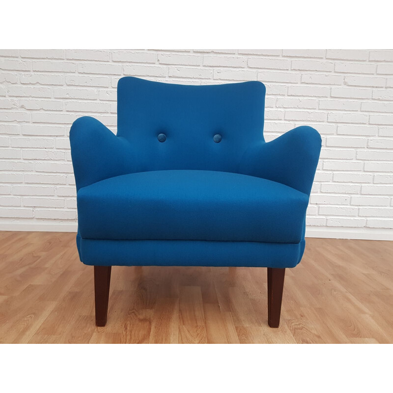 Blue wool and beechwood vintage armchair, Denmark 1970