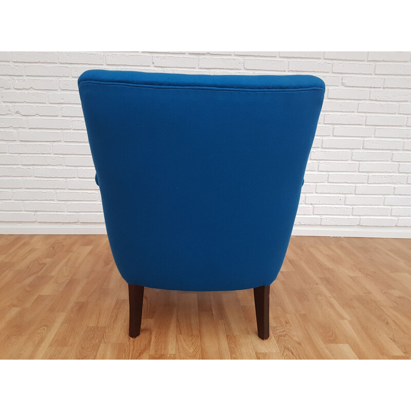 Blue wool and beechwood vintage armchair, Denmark 1970