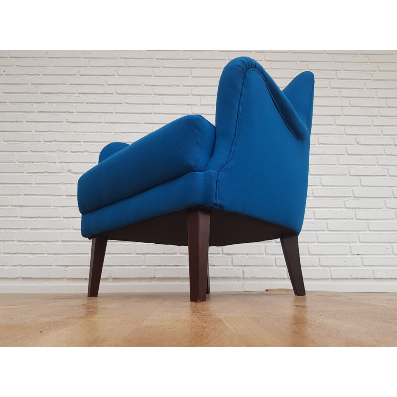 Blue wool and beechwood vintage armchair, Denmark 1970