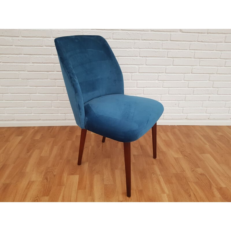 Vintage beech and blue velvet armchair, 1960