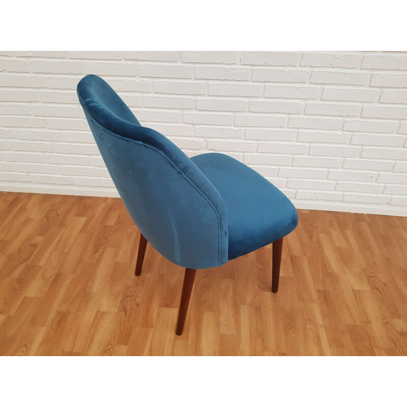 Vintage beech and blue velvet armchair, 1960