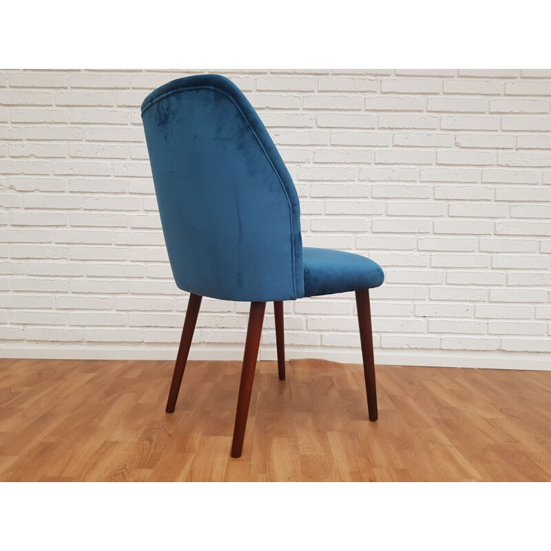 Vintage beech and blue velvet armchair, 1960