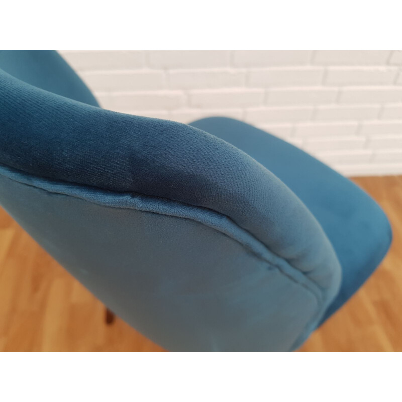 Vintage beech and blue velvet armchair, 1960