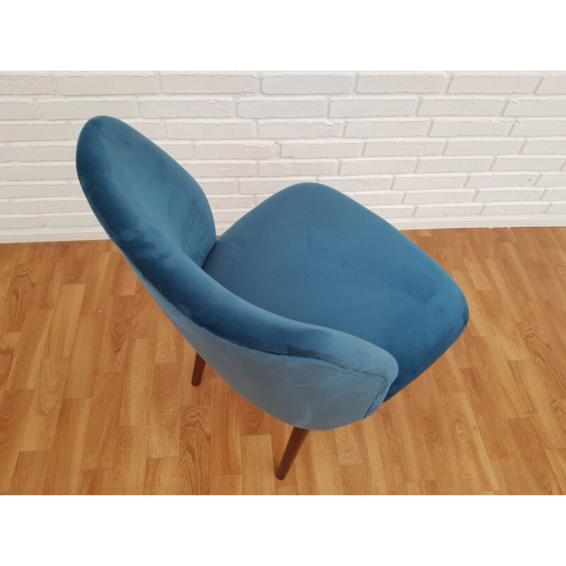 Vintage beech and blue velvet armchair, 1960