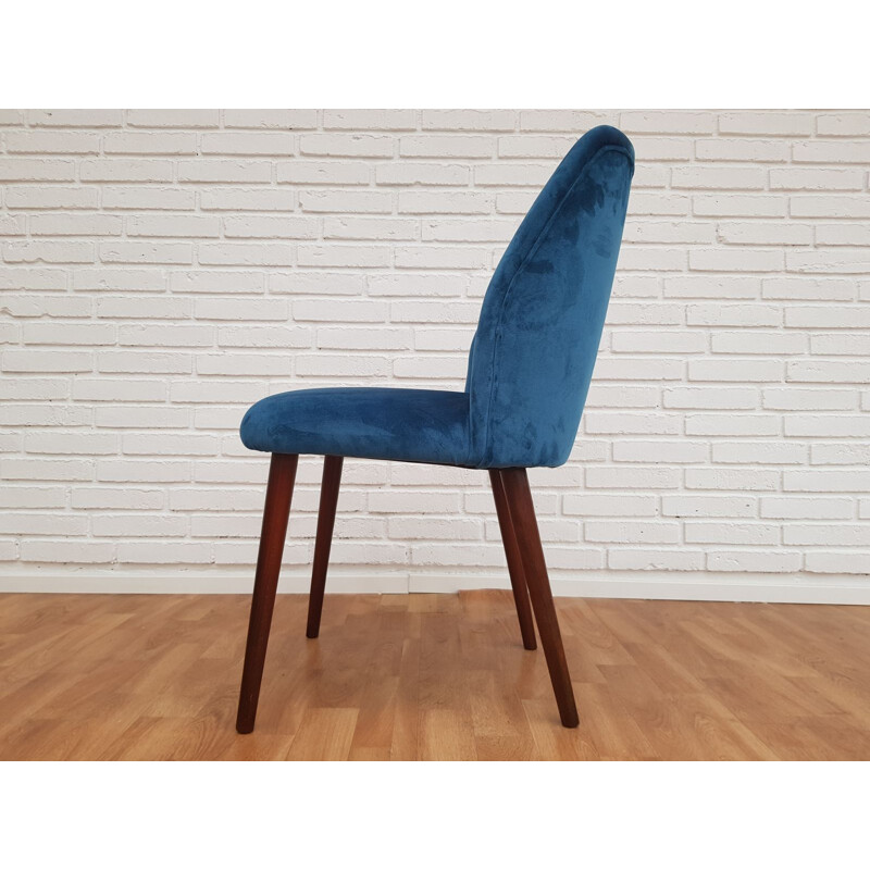 Vintage beech and blue velvet armchair, 1960