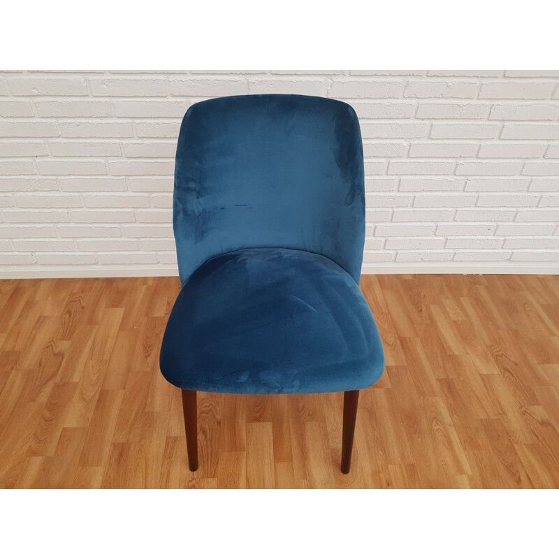 Vintage beech and blue velvet armchair, 1960