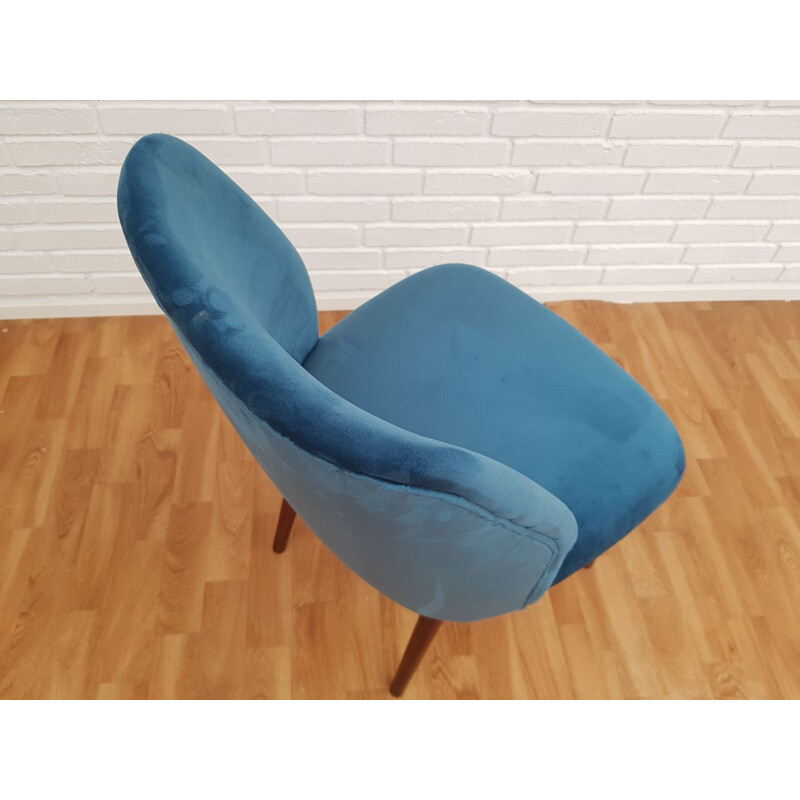 Vintage beech and blue velvet armchair, 1960